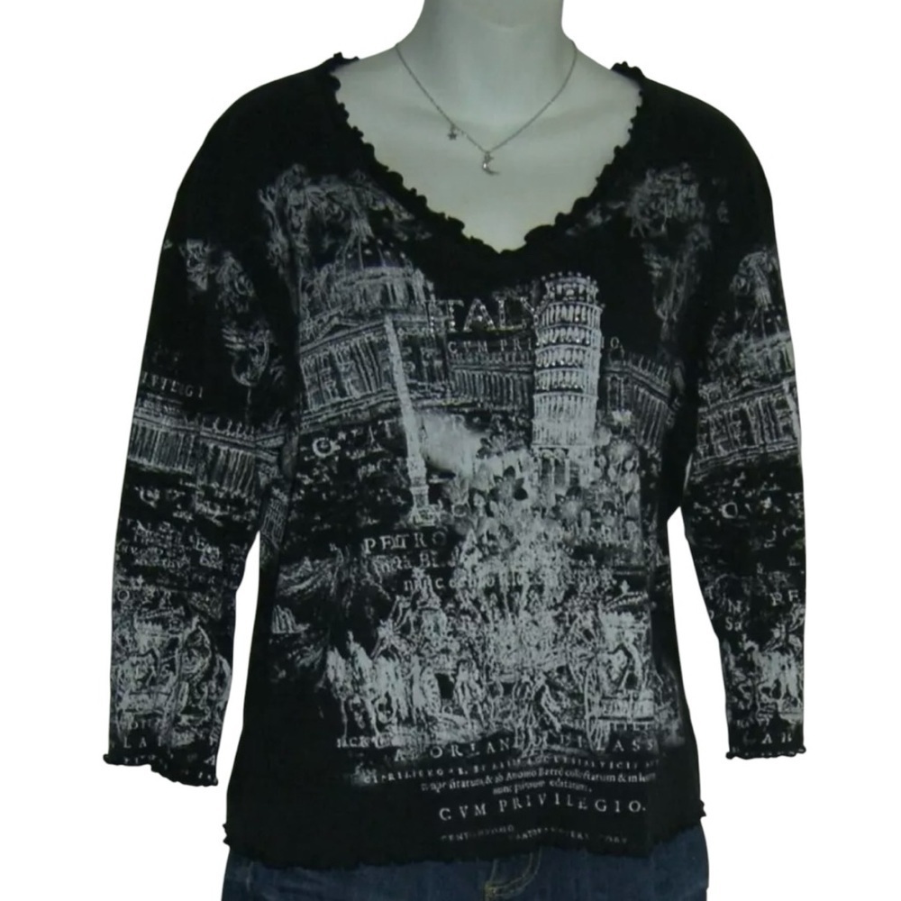 Cactus Shirt y2k Style Italy Bling Black Indie Artsy Wearable Art Rhinestone XL